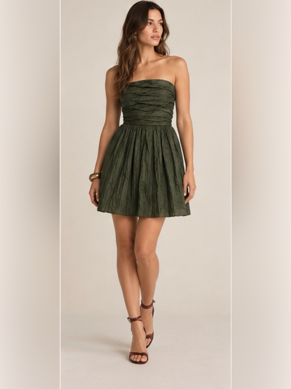 J.Crew 100% Silk Olive Crinkle Ruched Strapless Mini Dress 0 Dark Romance